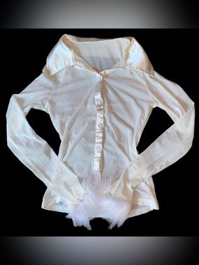 White Sheer Satin Collar Fur Wrist Trim Button Up